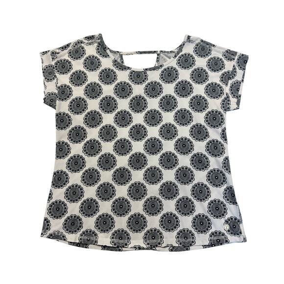 Talbots Medallion Scoop Neck Cap Sleeve Cotton Blend Top Women L White Black - Picture 4 of 9